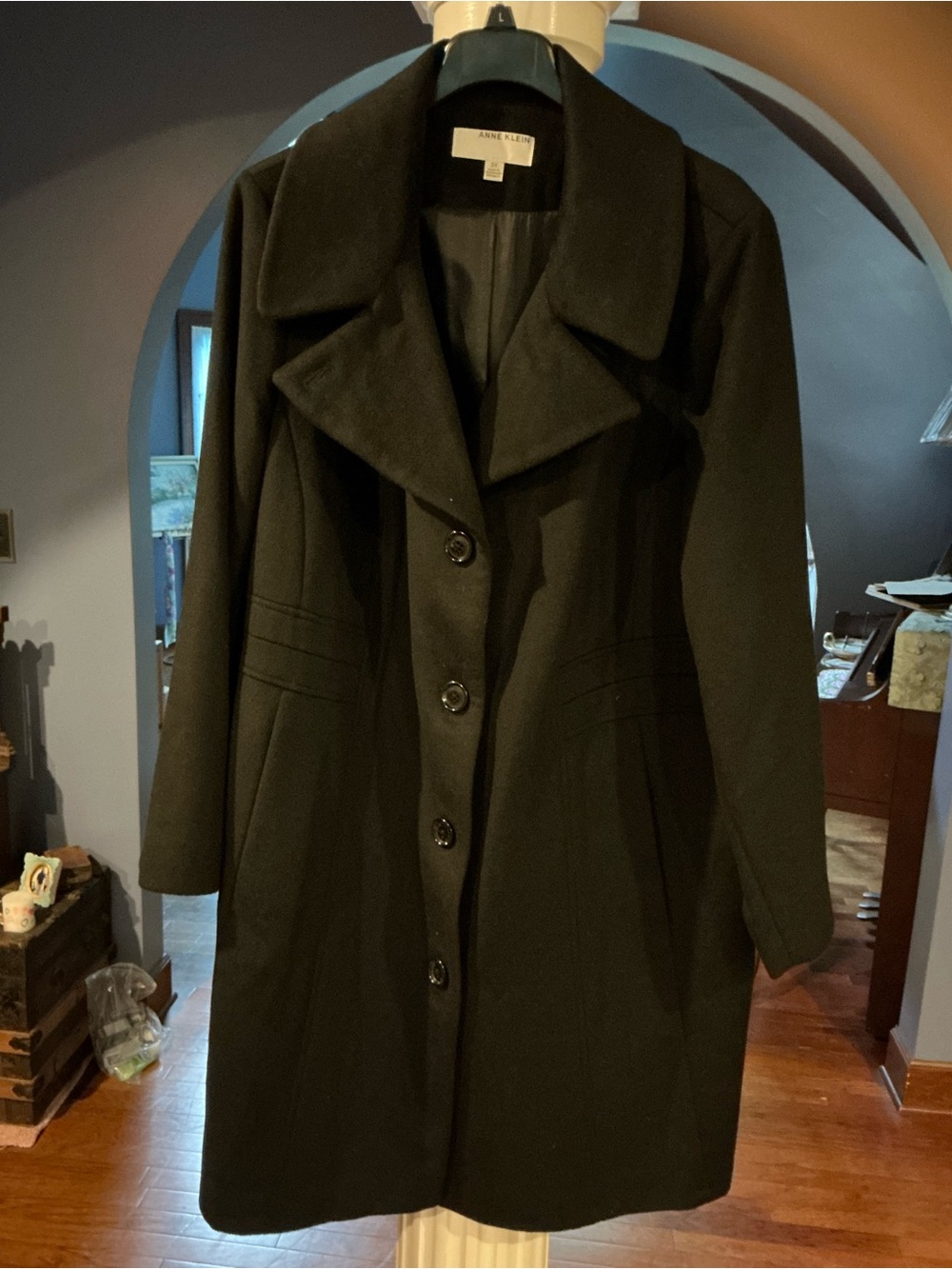 Anne Klein Black Wool-Blend Coat with Wide Notch Collar